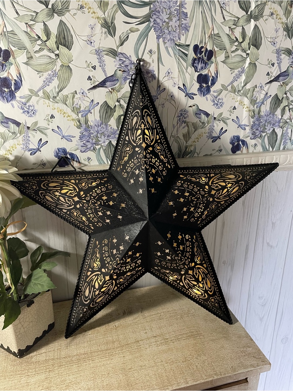 Decorative Black Star Lantern with Gold Interior Accent